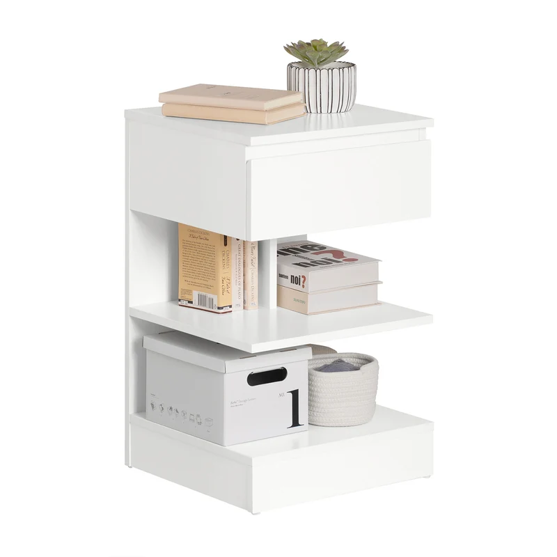SoBuy FBT49-W Mesita de Noche con 1 cajón y 2 Estantes Blanco