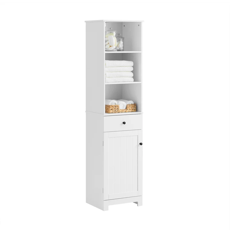 SoBuy BZR17-W Mueble Columna de Baño con 1 puerta y 3 estantes y 1 cajón Blanco