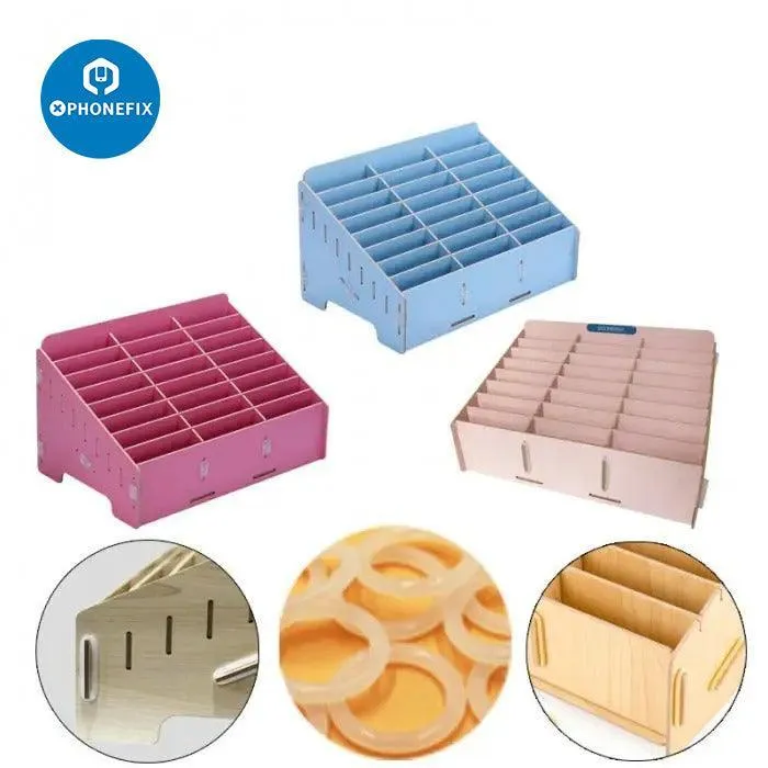 Caja de almacenamiento de escritorio de madera para herramientas de visualización de placa base de teléfono