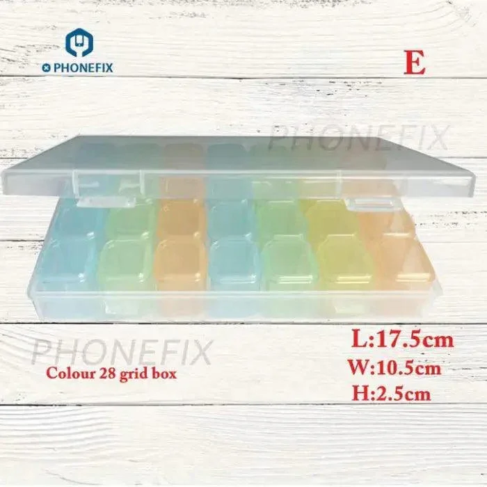Caja de almacenamiento de piezas de plástico transparente de 28 rejillas, contenedor colorido