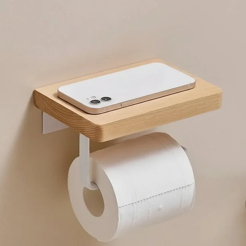 Porte-Papier Toilette en Bois avec Étagère, Fixation Murale