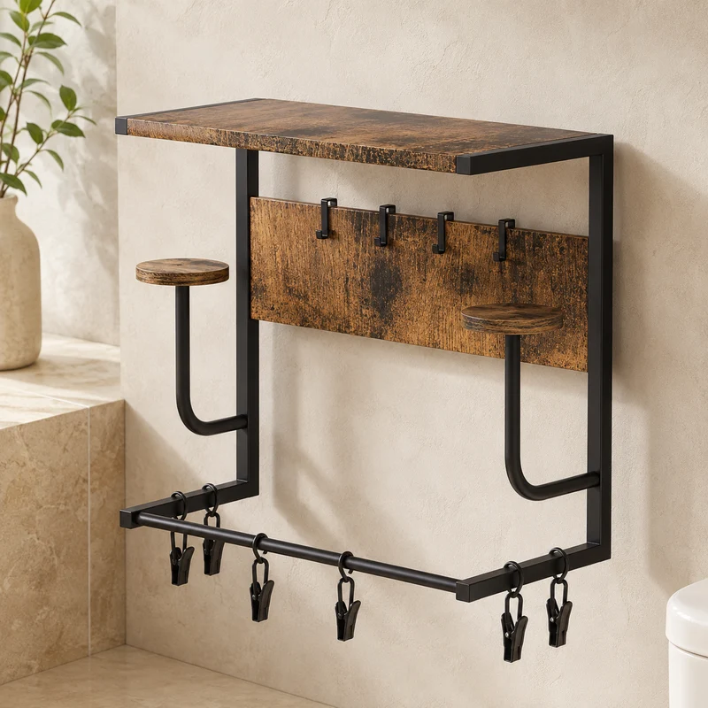 Porte-manteau Industriel – Bois d'Acacia Massif avec Crochets Métalliques Noirs pour Hall ou Salon