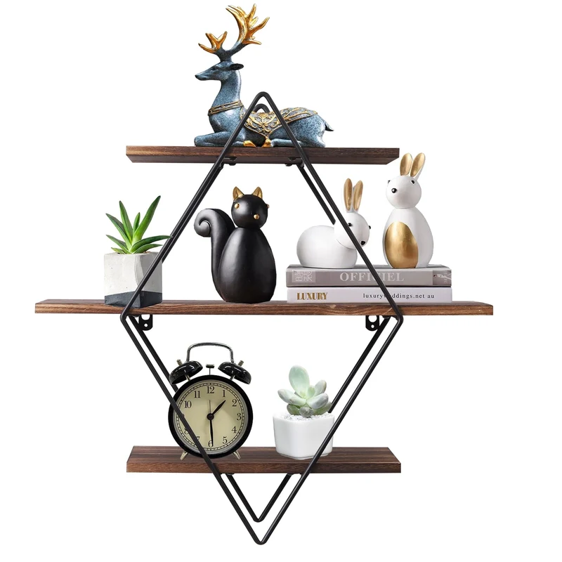 Étagère Murale – Métal Noir et Bois Naturel, Design Moderne à Trois Niveaux pour Salon ou Bureau