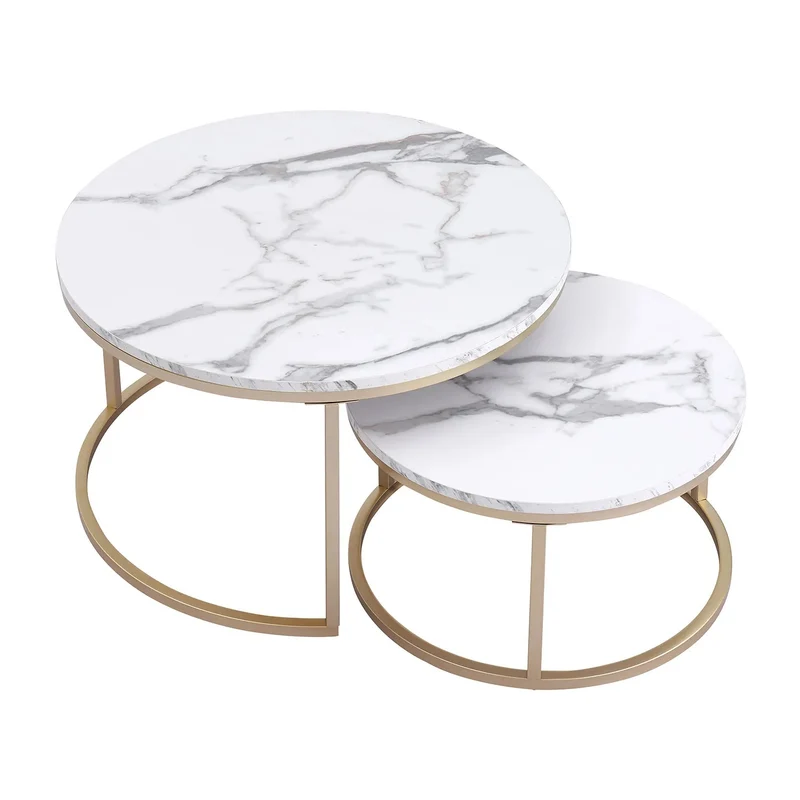 Ensemble de Tables Ronde – Marbre Blanc avec Accents Dorés pour Décoration de Salon Moderne