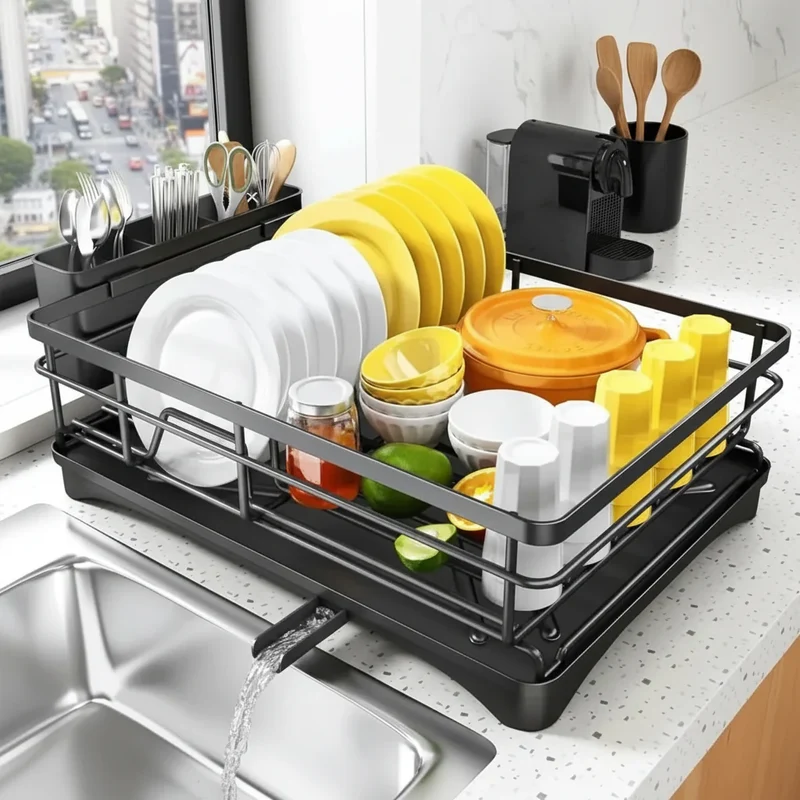 Égouttoir – Design Moderne en Plastique Durable et Métal pour un Séchage Efficace des Assiettes et des Couverts dans la Cuisine