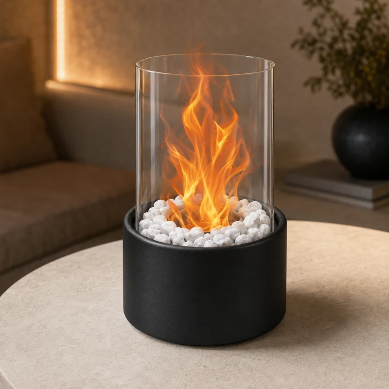 Cheminée de table – Métal noir avec verre clair, moderne et minimaliste pour salon ou terrasse
