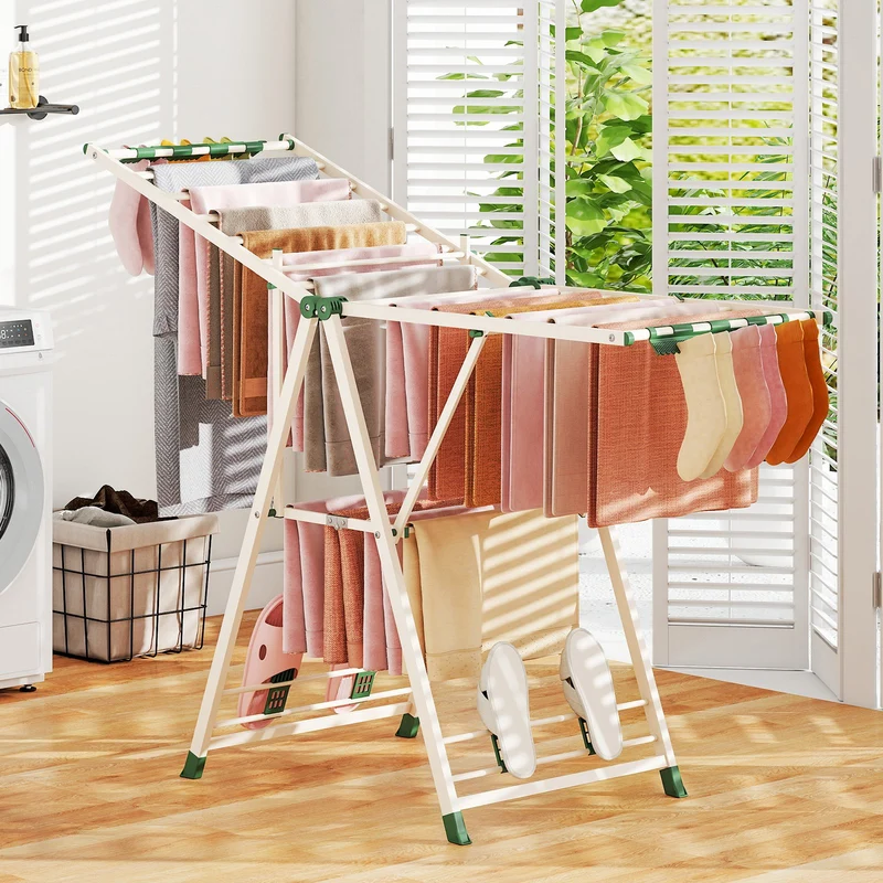 Costway - Tendedero plegable, con Alas Ajustables, Tendedero de ropa, 163 x 56 x 99–158 cm, pinzas para calcetines y estante para zapatos, beige