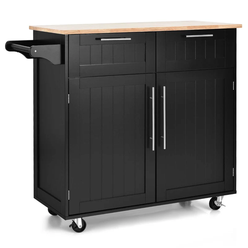 Costway - Isla de cocina, Carro cocina, Carrito cocina, con Cajones de Almacenamiento y Armarios 4 Ruedas Toallero para Comedor, Negro