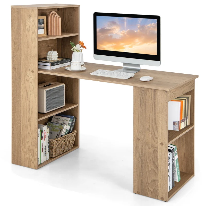 Costway - Mesa Estudio, Mesa Escritorio, Escritorio Ordenador, Mesa de Oficina, con Estantería de Almacenamiento Mesa Reversible, Natural