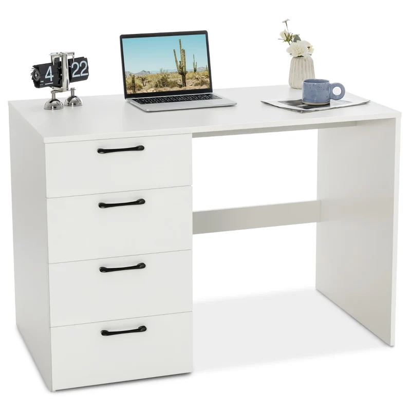 Costway - Escritorio con Cajones, Escritorio Pequeño, Mesa Estudio, Mesa Ordenador, con 4 Cajones, Mesa Oficina en Casa Estación de Trabajo, Blanco
