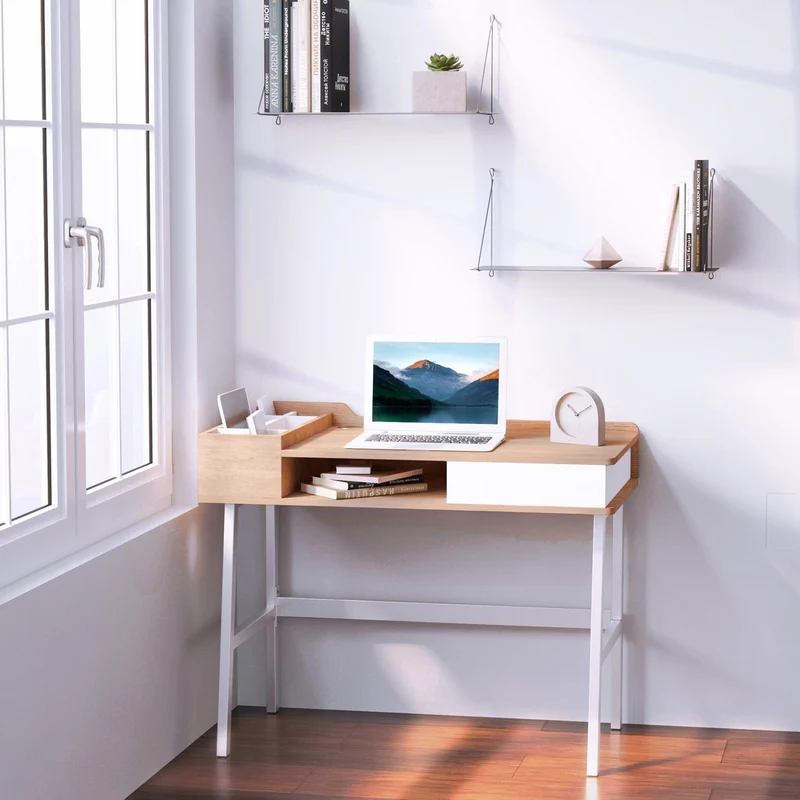 HOMCOM - Mesa Escritorio, Mesa Ordenador, con 6 Compartimentos Estante Abierto, Cajón, Escritorio Pequeño, Mesa de Estudio, Mesa Oficina, Roble Blanco