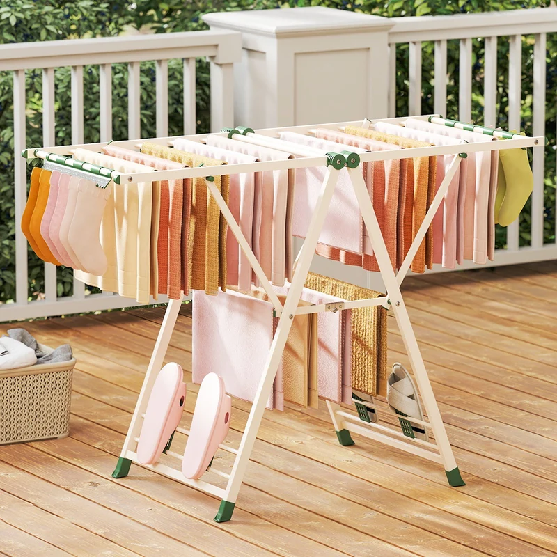 Costway - Tendedero Plegable, con Alas Ajustables, 141x56x99–148 cm, Tendedero de Ropa, Repisa para Zapatos, Tendedero Exterior, para Balcon, Beige