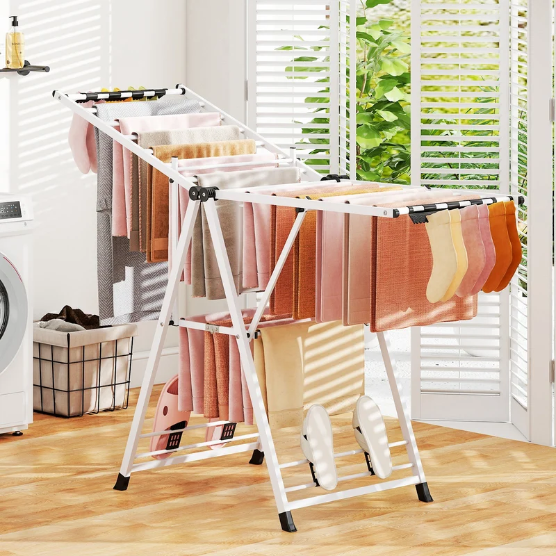 Costway - Tendedero plegable, con Alas Ajustables, Tendedero de ropa, 163 x 56 x 99–158 cm, pinzas para calcetines y estante para zapatos, Blanco