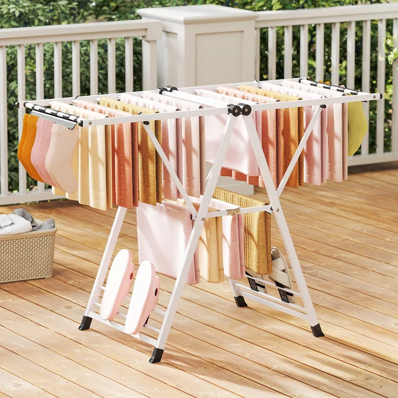 Costway - Tendedero Plegable, con Alas Ajustables, 141x56x99–148 cm, Tendedero de Ropa, Repisa para Zapatos, Tendedero Exterior, para Balcon, Blanco
