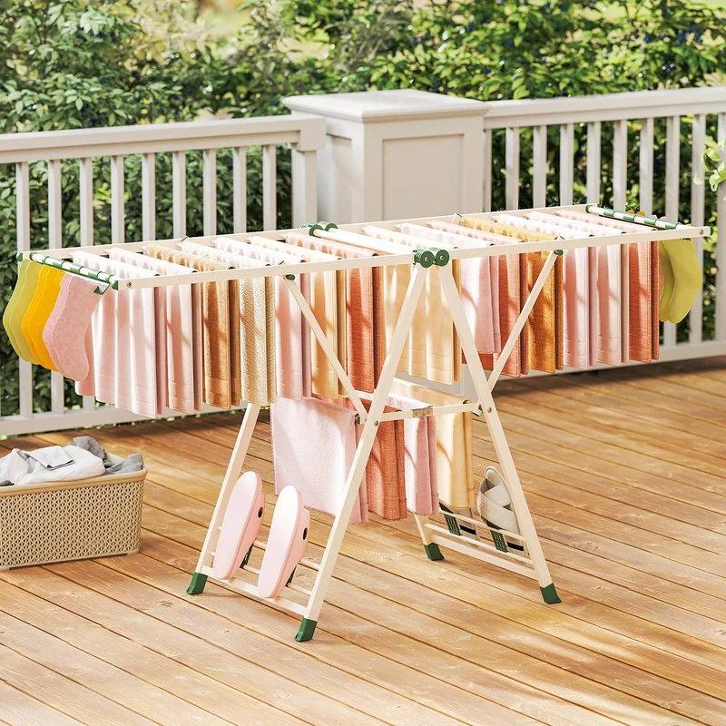 Costway - Tendedero plegable, con Alas Ajustables, Tendedero de ropa, 184 x 56 x 99–168 cm, pinzas para calcetines y estante para zapatos, Beige