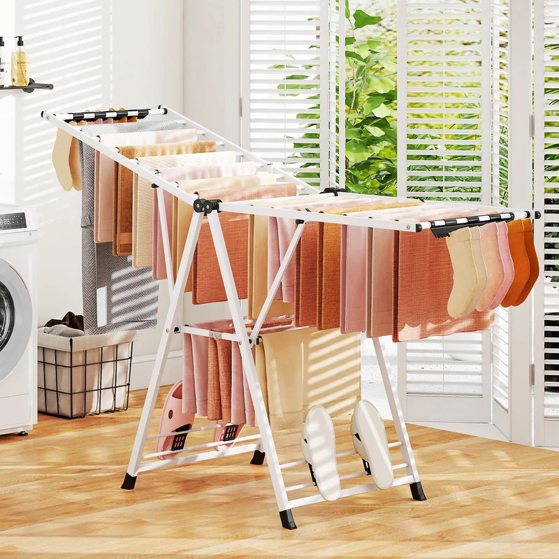 Costway - Tendedero plegable, con Alas Ajustables, Tendedero de ropa, 184 x 56 x 99–168 cm, pinzas para calcetines y estante para zapatos, Blanca