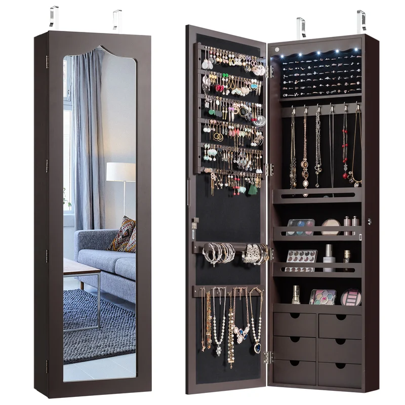 Costway - Espejo Joyero, Armario Joyero, Espejos grandes de pared, Iluminación LED, Cerradura, Montar en Puerta y Pared, Marrón