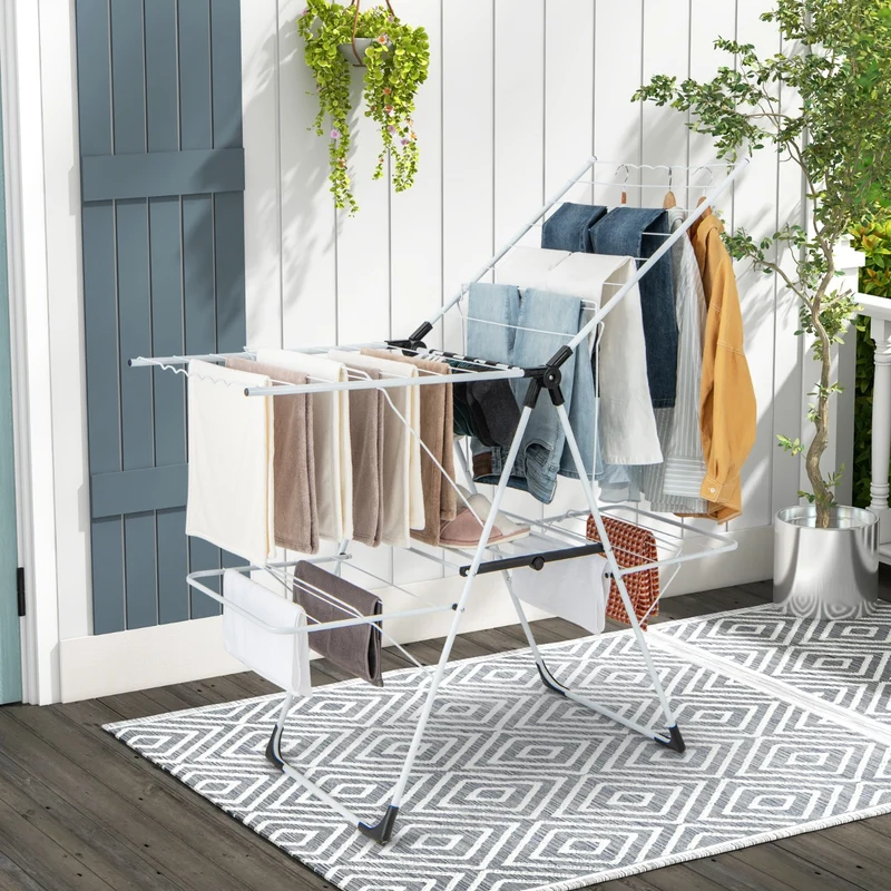 Costway - Tendedero Balcon, 2 Niveles, Tendedero Plegable, con Alas Ajustables en Altura, 33 Rieles de Secado y Clips para Calcetines, 145x58x95 cm