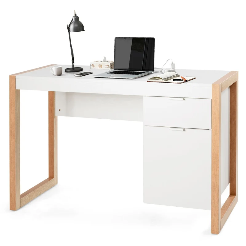 Costway - Mesa Escritorio, Mesa Ordenador, Escritorio con Cajones, Escritorio Ordenador, Cubículo de Trabajo con Armario y Cajón, Blanco