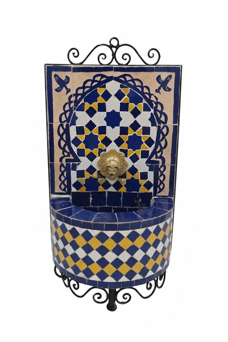 Fuente de Mosaico Morisco Andalusí – Modelo Al-Zahra XS | Azul, Amarillo y Blancol