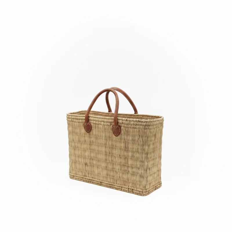 Bolso Capazo de Mimbre Natural con Asas de Cuero | Cesta Artesanal Marroquí