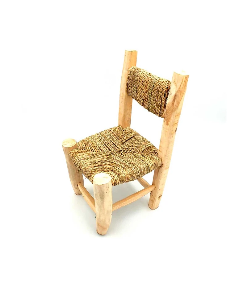 Silla taburete infantil marroquí de madera y esparto | Artesanal Marruecos