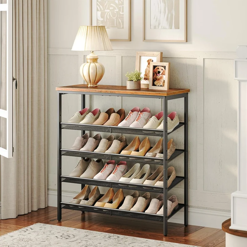 HOOBRO - Zapatero, 5 Niveles, Capacidad para 16-20 Pares, Zapatero Recibidor, Zapatero Estrecho, 75 x 30 x 88,8 cm, Marco de Metal, Marrón y Negro