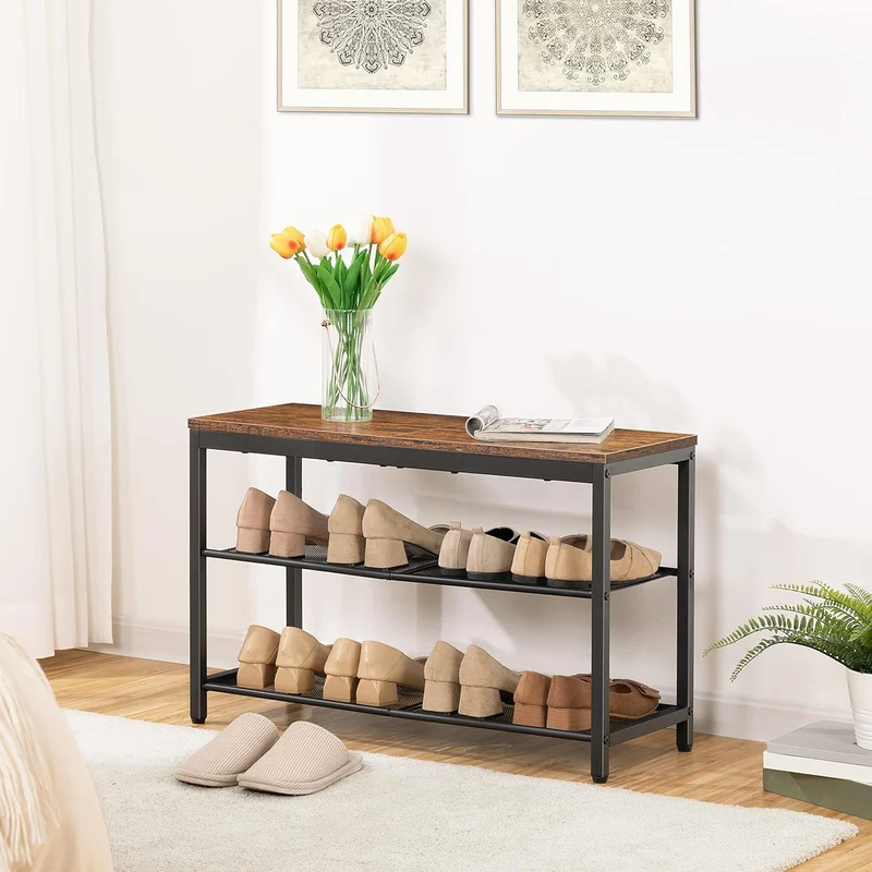HOOBRO - Zapatero, 3 Niveles, Banco Zapatero, con 2 Estantes de malla, Zapatero Estrecho, 75 x 28,5 x 48,5 cm, Marco de Metal, Marrón y Negro