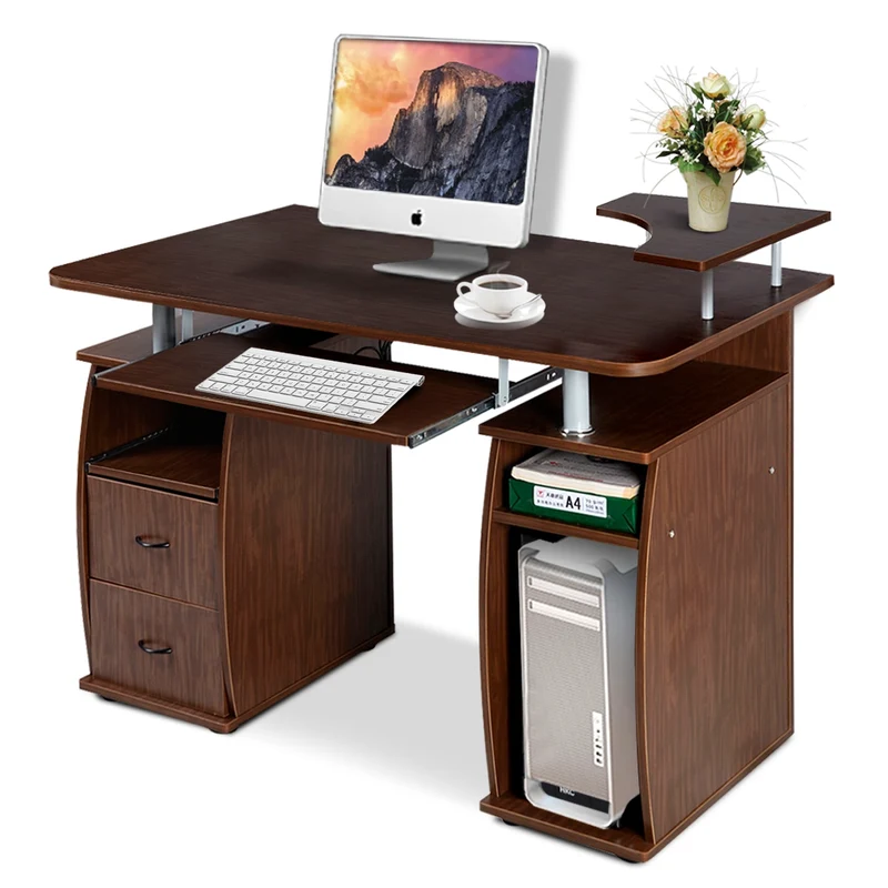 Costway - Mesa Escritorio, Escritorio con Cajones, Mesa Estudio, Mesa de Oficina, Mesa Ordenador, Escritorio Pequeño, 2 Cajones, Estante, Nuez