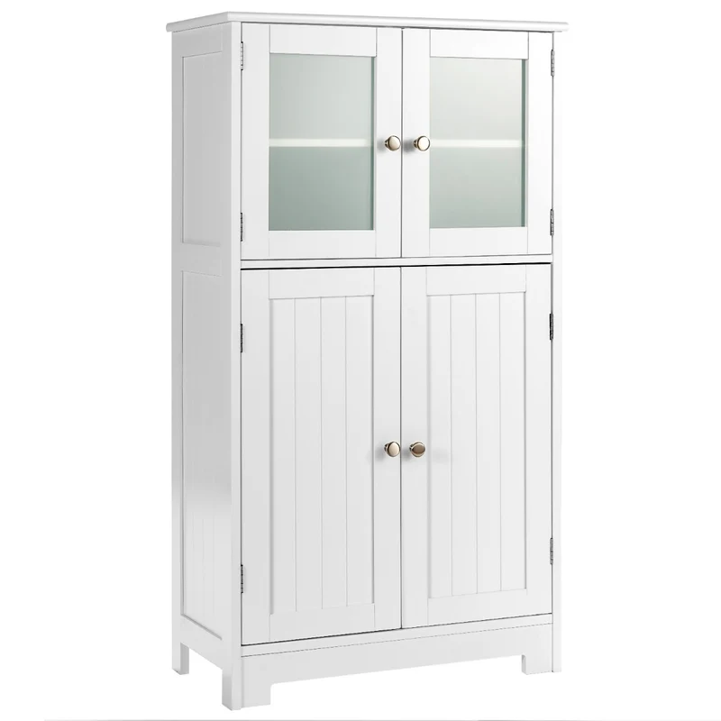 Costway - Armario baño, Mueble auxiliar baño, Antivuelco con 4 Puertas de Vidrio Repisas Regulables para Salón Cocina Pasillo, Blanco