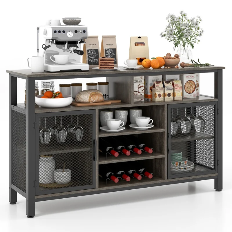 Costway - Aparador Cocina, 2 en 1, Botellero, para 8 Botellas, 6 Filas, Botellero vino, Armario Cocina, con Puertas de Malla Metálica, Gris