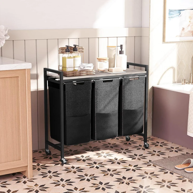 HOOBRO - Cesto Ropa Sucia, 3 x 39,8 L, Mueble Ropa Sucia, con Ruedas, 3 Bolsas Colada, 84 x 33 x 74,5 cm, Cesto Colada, con Estante, Greige y Negro