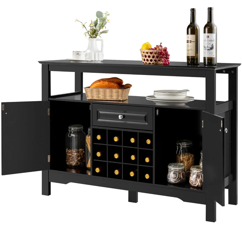 Costway - Aparador Cocina, Armario Cocina, Botellero, Mueble auxiliar cocina, con Porta Botellas de Vino, con 2 Armarios para Comedor, Negro