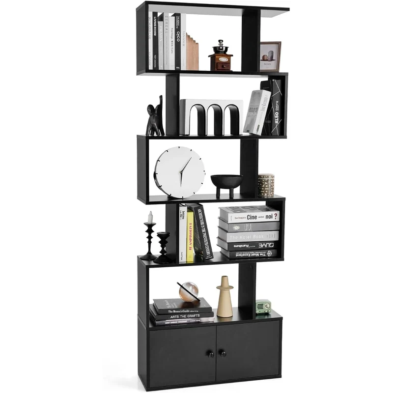 Costway - Estanteria, 6 Niveles, Estanteria libros, Estanteria salon, con Armario, Estanteria libreria, Forma de S, Madera de ingeniería, Negro