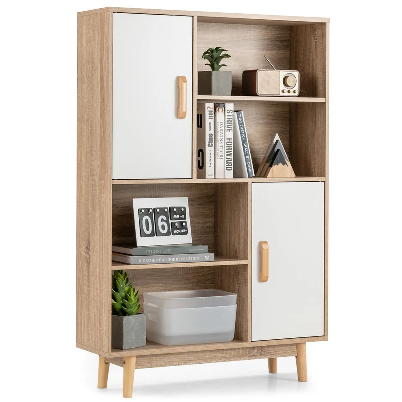 Costway - Armario Cocina, Aparador Cocina, de Madera con 4 Niveles 2 Puertas 4 Repisas Abiertas Antivuelco para Salón Estudio Cocina, Blanco