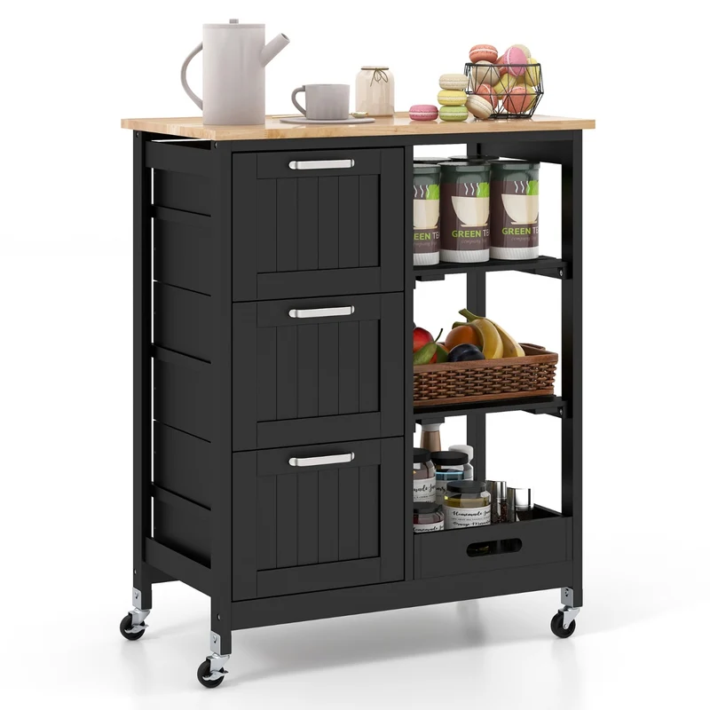 Costway - Isla de cocina, Carro cocina, Carrito cocina, con Tapa de Madera, 3 Cajones de Almacenamiento, 2 Estantes Extraíbles y Bandeja, Negro