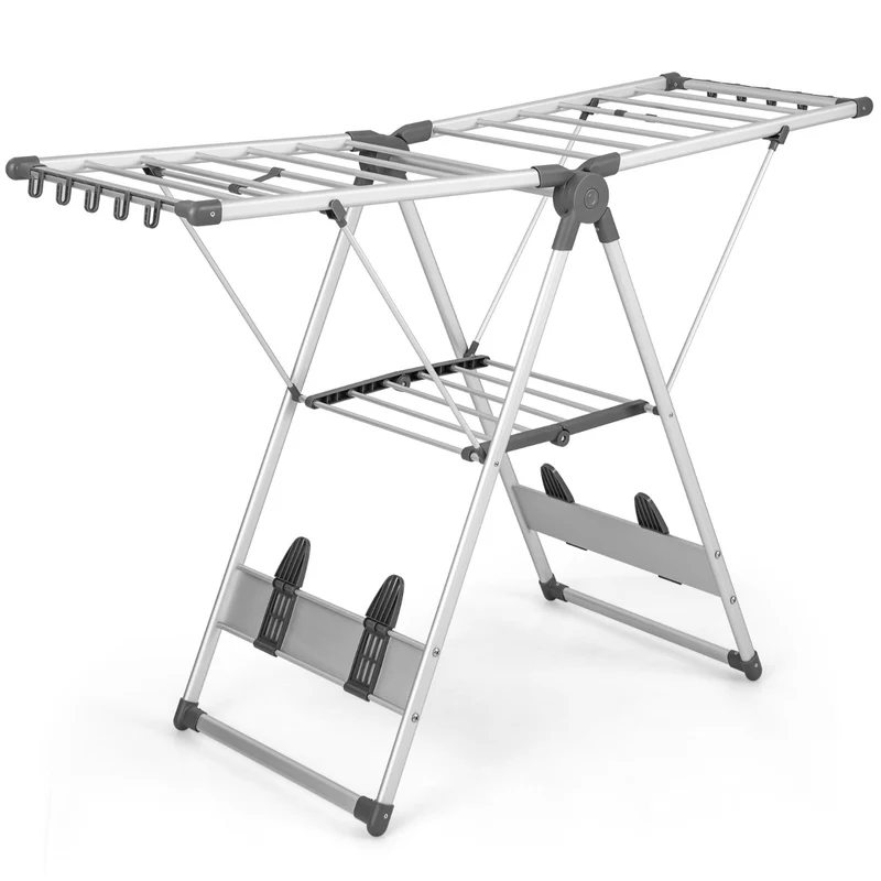 Costway - Tendedero Plegable, 5 Niveles, con Altura Ajustable, 140x48x81-130cm, Tendedero Balcon, 10 Clips Laterales, 4 Soportes para Zapato, Aluminio