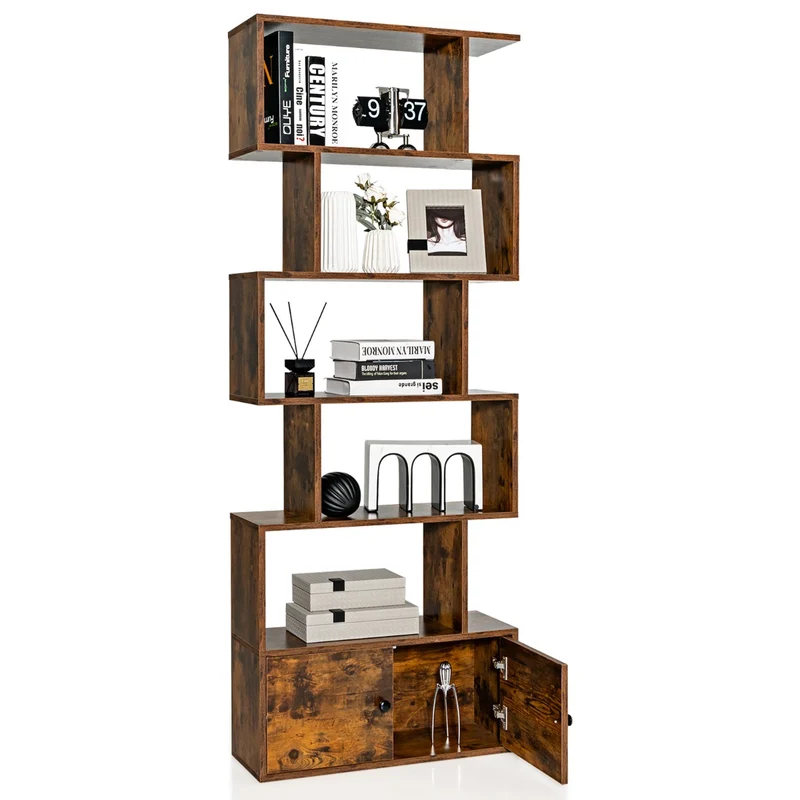 Costway - Estanteria, 6 Niveles, Estanteria libros, Forma de S, Estanteria salon, con Armario, Estanteria libreria, Madera de ingeniería, Café