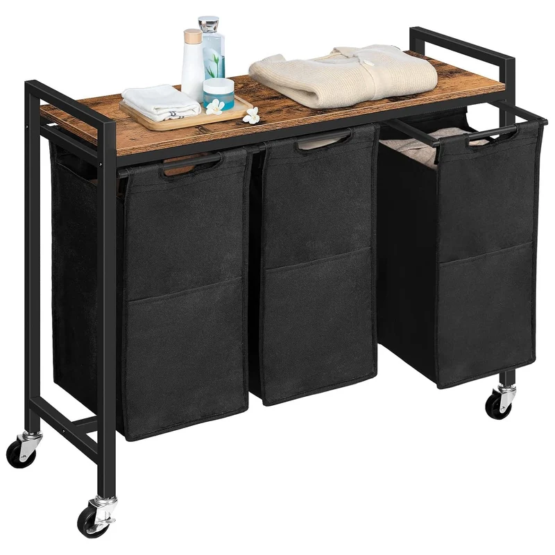HOOBRO - Cesto Ropa Sucia, 3 x 39,8 L, Mueble Ropa Sucia, con Ruedas, 3 Bolsas Colada, 84 x 33 x 74,5 cm, Cesto Colada, con Estante, Marrón y Negro