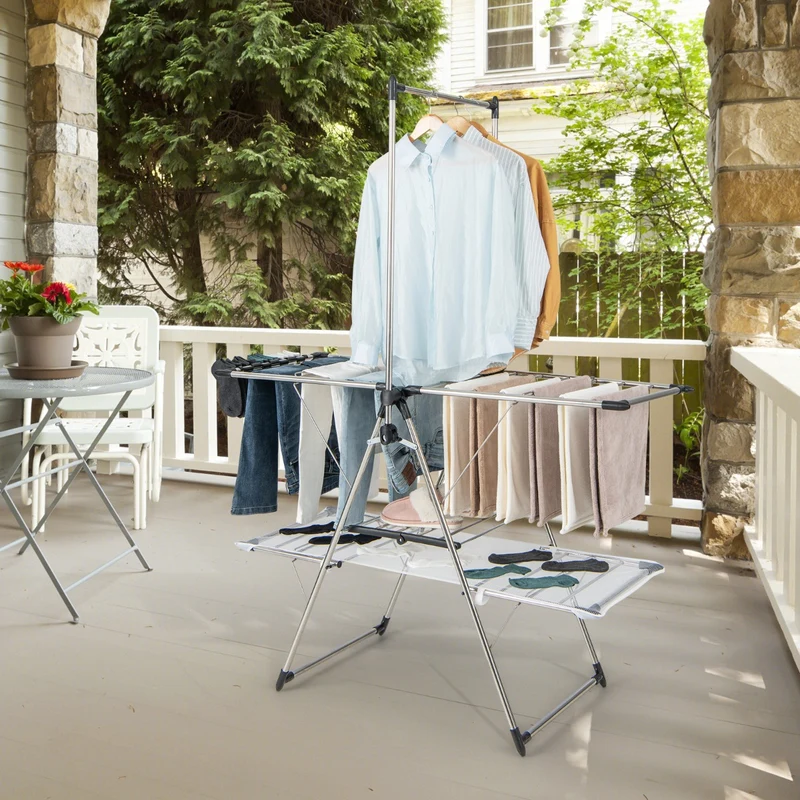 Costway - Tendedero de Ropa, 2 Niveles, con Perchero Barra, 138x63x182 cm, Tendedero plegable, alas ajustables en altura, Tendedero Exterior, Metal