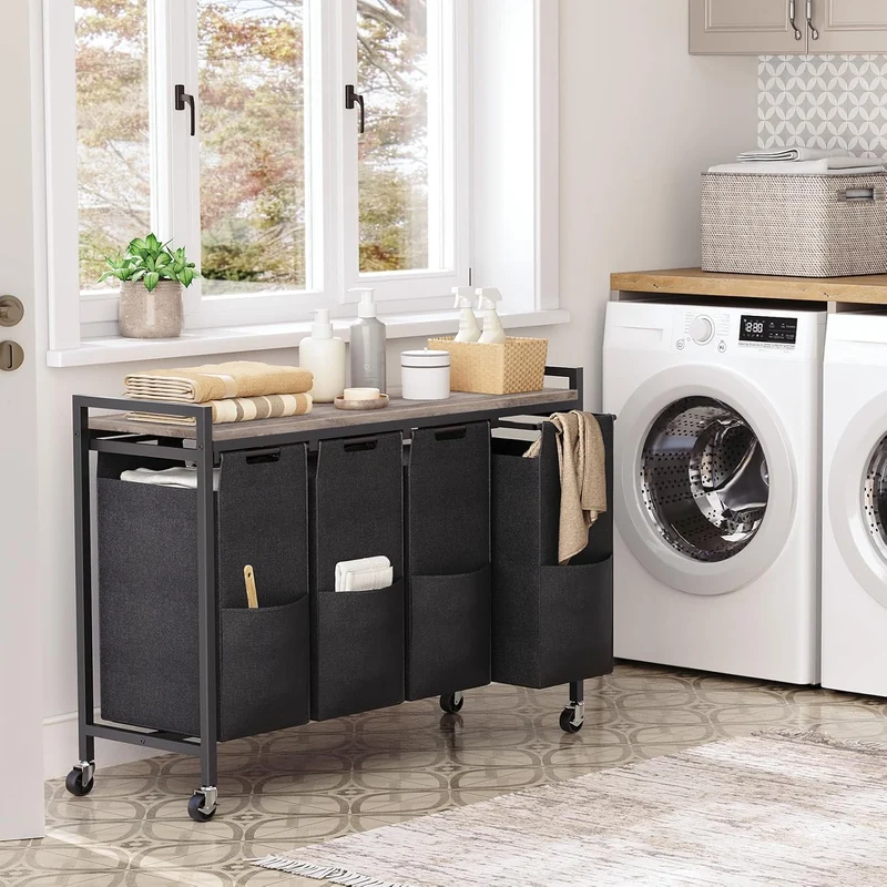 HOOBRO - Cesto Ropa Sucia, 4 x 39,8 L, Mueble Ropa Sucia, con Ruedas, 4 Bolsas Colada, 110,5 x 33 x 74,5 cm, Cesto Colada, con Estante, Greige Negro