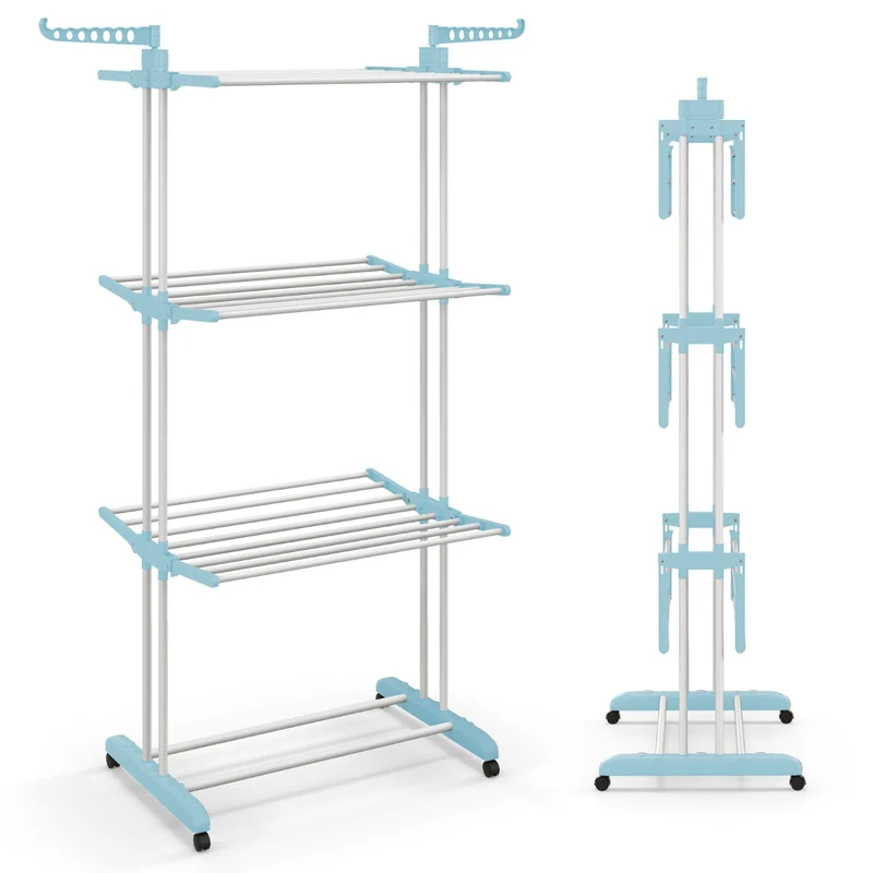 Costway - Tendedero, 4 Niveles, Tendedero Vertical, con Ruedas para Terraza, Tendal Plegable, para Toallas, Zapatos, 127x63x171 cm, Azul y Negro