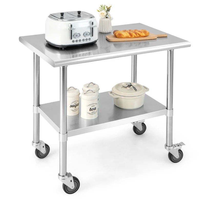 Costway - Сarrito cocina, Сarro cocina, Mesa de Acero Inoxidable con Ruedas Giratorias Estante Inferior Ajustable para Restaurante Cocina