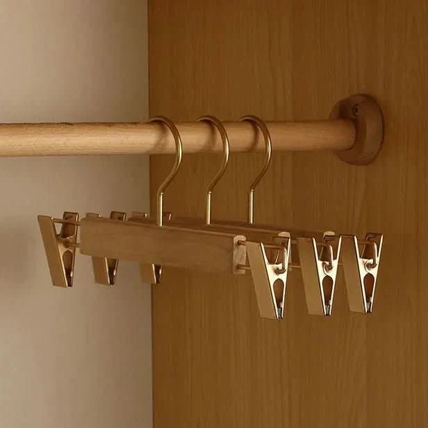 Wooden Clothes Hangers with Bar and Adjustable Clips for Suits and Coats