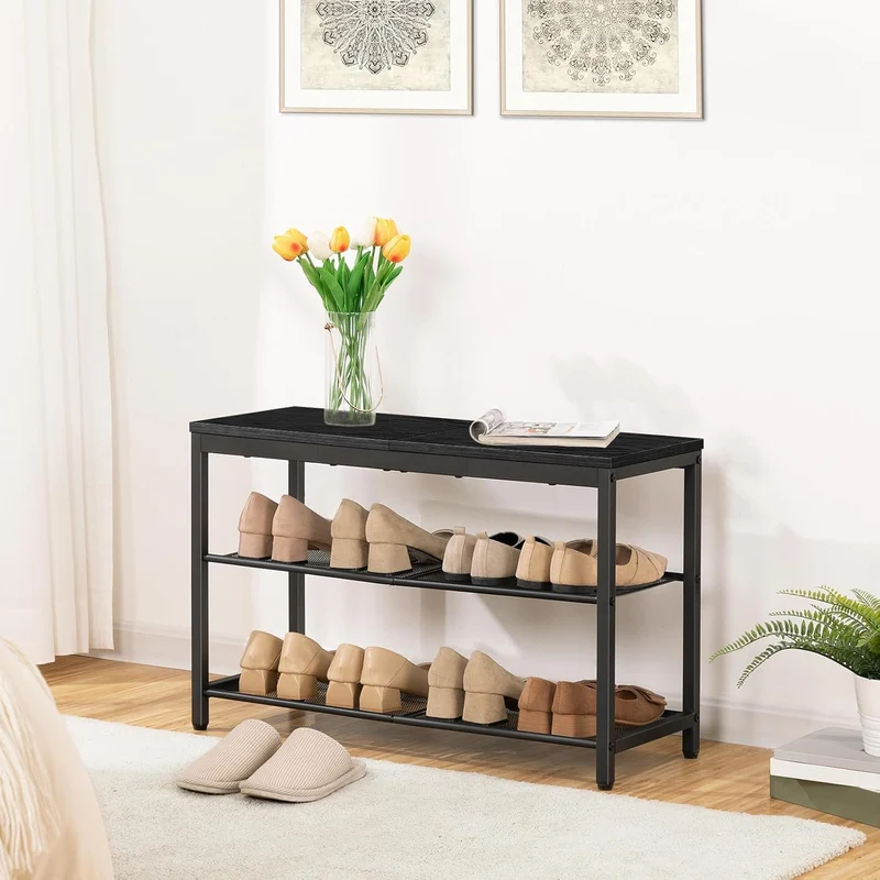 HOOBRO - Zapatero, 3 Niveles, Banco Zapatero, con 2 Estantes de malla, Zapatero Estrecho, 75x28,5x48,5 cm, Zapatero Recibidor, Marco de Metal, Negro