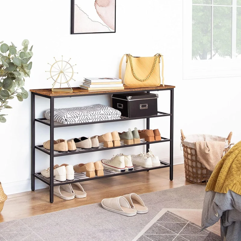 HOOBRO - Zapatero, 4 Niveles, Capacidad para 20-25 Pares, Zapatero estrecho, 100 x 30 x 68 cm, Zapatero Recibidor, Marco de Metal, Marrón y Negro