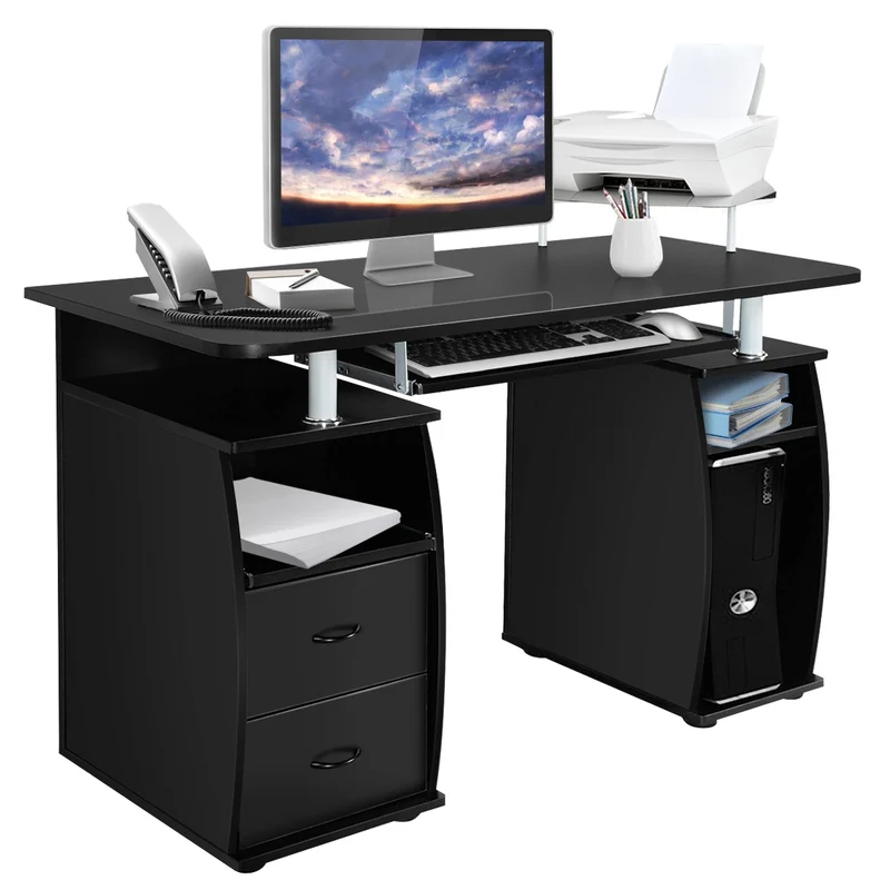 Costway - Escritorio con Cajones, Mesa Escritorio, Mesa Ordenador, Mesa Estudio, Mesa de Computadora Ordenador Tableta de Madera, Negro