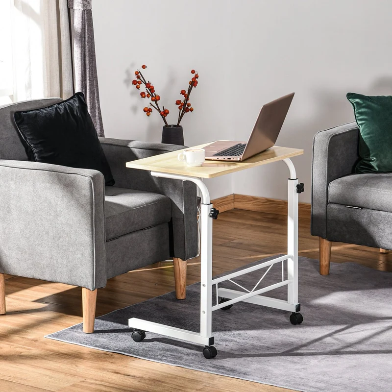 HOMCOM - Mesa Auxiliar, con Ruedas, Mesa Auxiliar Sofa, Escritorio Ordenador, Mesa de Estudio, Escritorio Pequeño, con Altura Ajustable, Blanco
