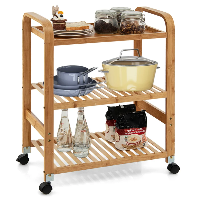 Costway - Carrito cocina, Carro cocina, de Bambú 3 Niveles de Servicio de Cocina Ruedas de Bloqueo Estante de Almacenamiento Móvil, Natural Bambú