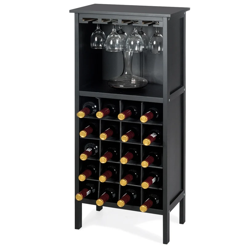 Costway - Botellero, Botellero vino, para 20 Botellas con Soporte de Copas, 24,5x42x96 cm, Madera de Pino, Negro